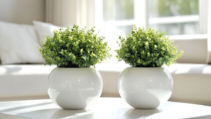 Two small, potted plants in white, round pots on a white coffee table in a bright room