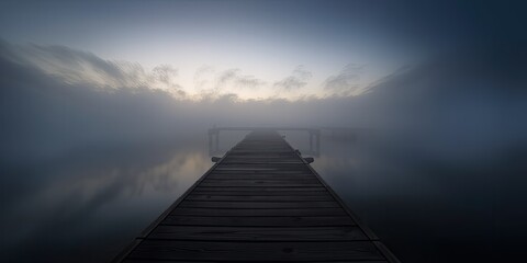 Fototapeta premium Misty Dawn Pier Shadows on Calm Water