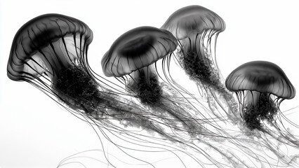 Naklejka premium Black jellyfish drift weightlessly against stark white background, surreal and symbolic. Dark forms represent emotional states such as depression, frustration, and confusion. Powerful visual metaphor