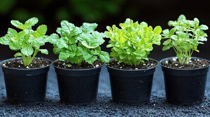 Four herb seedlings in pots.