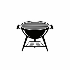 A stark monochrome image showing a charcoal grill with a grate, handles visible