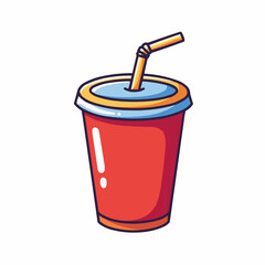 Cartoon illustration of a cold red drink with a straw in a cup with a blue lid