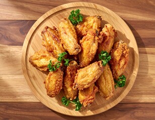 Fototapeta premium Fried Chicken Wings on Wooden Plate