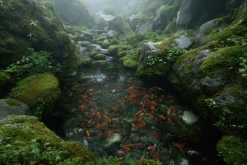 Mountain stream ecology close-up of koi swarm in clear water, natural freshwater habitat