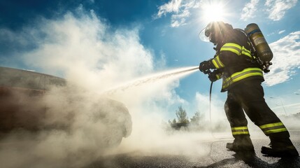 Naklejka premium Firefighter Extinguishing Flames Amidst Dramatic Smoke and Bright Sunlight, Courageous Action in Emergency Response Situation on Urban Roadway