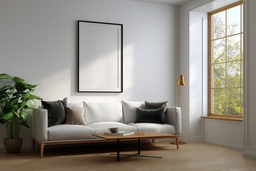 A clean mockup of a blank poster frame in a bright modern living room with soft natural light