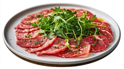 Plate of thinly sliced raw red meat garnished with chopped herbs and topped with fresh green arugula leaves