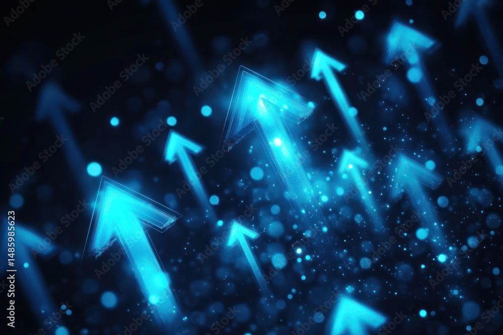 Aufkleber glowing blue arrows pointing upwards with particle effects on dark background symbolizing growth and