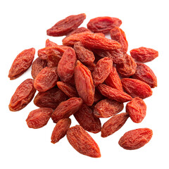 Dried goji berries with vibrant red color and wrinkled texture, nutrient-rich superfood isolated on transparent background.  