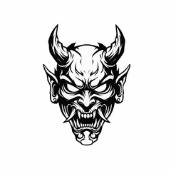 Fototapeta premium Graphic illustration of a stylized, demonic creature with distinct horns in black and white