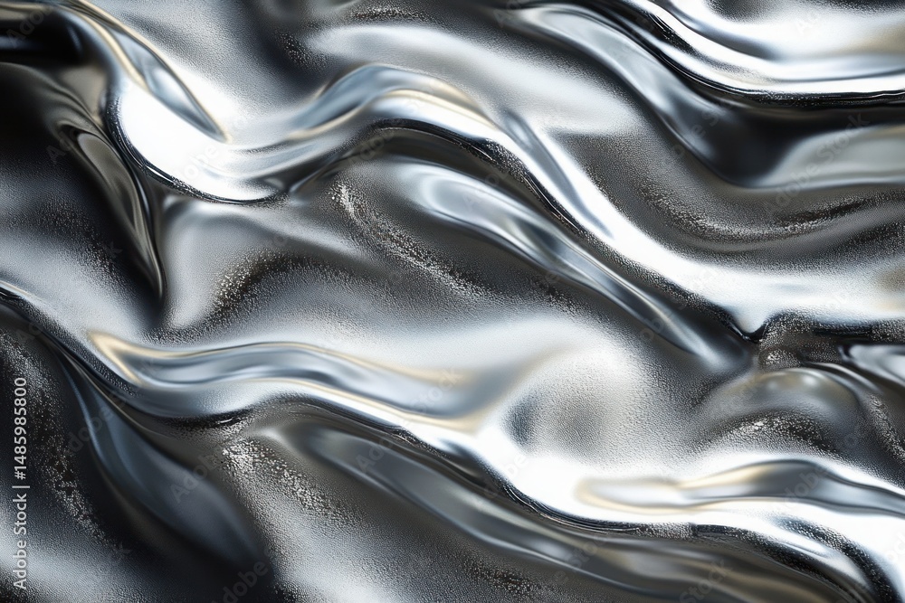 Poster smooth metallic surface with reflective, flowing, wavy textures creating a sleek and fluid appearanc