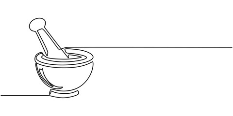 Mortar with pestle one line continuous drawing. Kitchen tools continuous one line illustration. Vector minimalist linear illustration, Single continuous line drawing mortar and pestle vintage.