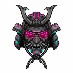 A stylized samurai helmet, black and gray with bright pink and blue accents, is presented
