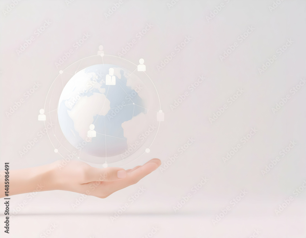 Poster global business networking structure data exchange displayed as a white globe held in hand against a