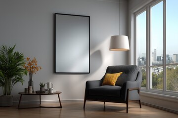 A clean mockup of a blank poster frame in a bright modern living room with soft natural light