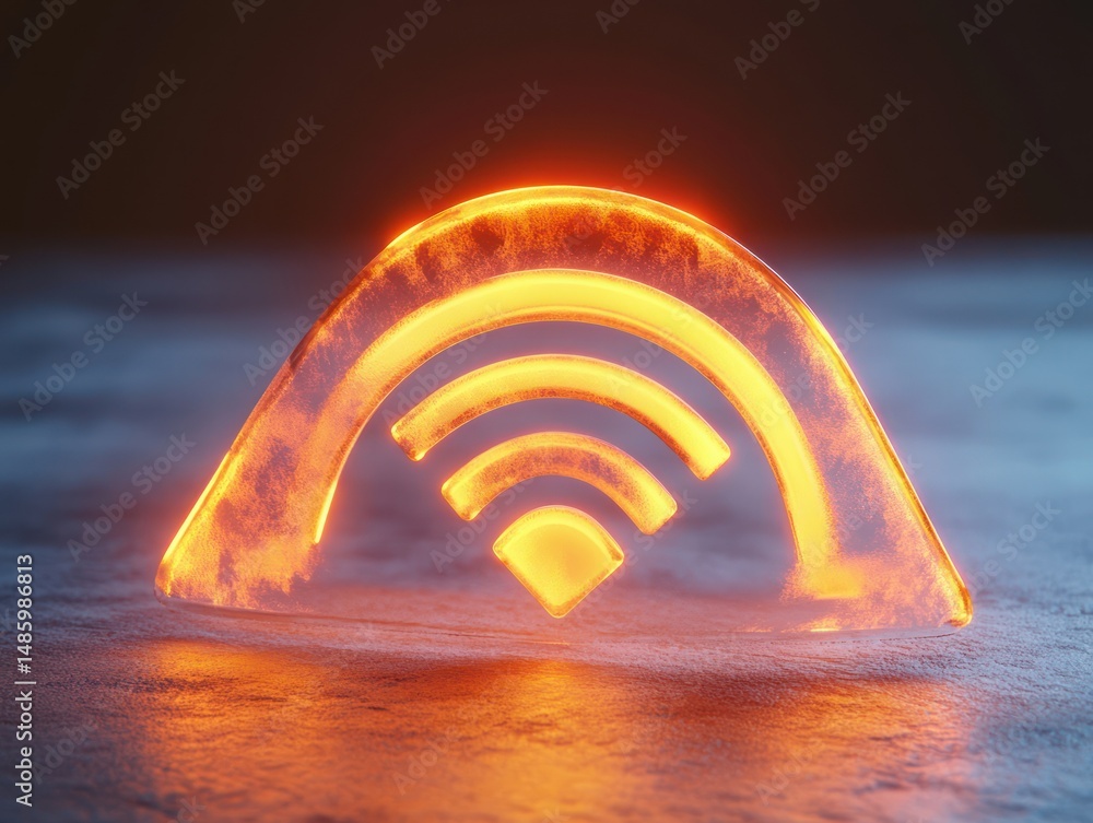 Poster glowing orange translucent wifi signal icon with fiery texture resting on a dark textured surface il