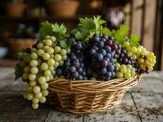 Rustic Grape Harvest: Fresh Grapes in a Basket