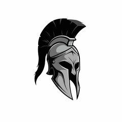 Spartan head graphic with helmet, drawn in grey, black, and white on a stark background