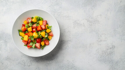 A fresh and colorful salad with diced tomatoes, mangoes, and cucumber in a white bowl, top view.