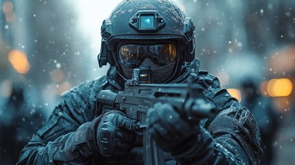 Armed soldier in snow, tactical gear.