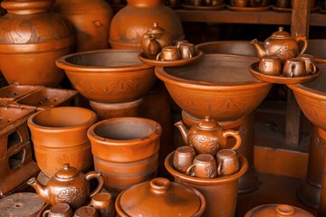 Traditional Indonesian pottery set featuring teapots and cups, handmade by local artisans and sold at a craft store.
