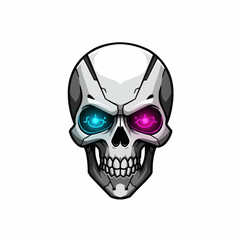 Fototapeta premium Cybernetic skull illustration with pink and blue eye sockets on white backdrop