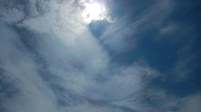 Blue sky, sun, moving white clouds Cirrocumulus and Cirrostratus with colorful Cloud iridescence, Irisation with pearl colors. Topics: sunny, beauty of nature, sun energy, optical phenomenon, weather
