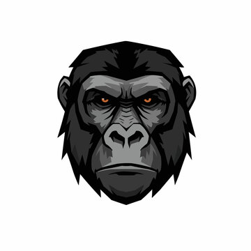 A stylized gray gorilla illustration with piercing orange eyes stares intently forward