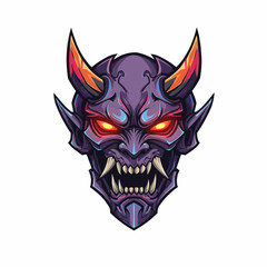 Graphic image of a horned mask with bright glowing eyes on a white background