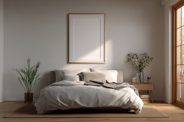 a flat wall mockup in a cozy modern bedroom, natural soft daylight, empty two poster frames side by side, white and beige palette, clean scandinavian interior