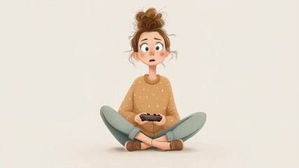 illustration of cute girl playing video game with controller