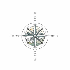 Hand-drawn compass rose with mountain and sun details, minimal color palette