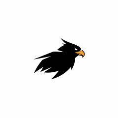 Fototapeta premium Sleek, stylized black bird head with a sharp orange beak against a white background