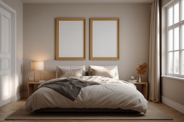 a flat wall mockup in a cozy modern bedroom, natural soft daylight, empty two poster frames side by side, white and beige palette, clean scandinavian interior