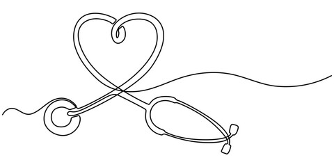 Continuous Line Drawing of Healthcare Icon. Hand Drawn Symbol Vector Illustration, continuous single drawn one line stethoscope freehand drawn picture silhouette, doctors day Continuous one line art.