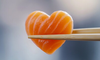 Heart shape salmon sashimi held by chopsticks represents love and romance concept. Delicious seafood for Valentine's day celebration or healthy food promotion design.