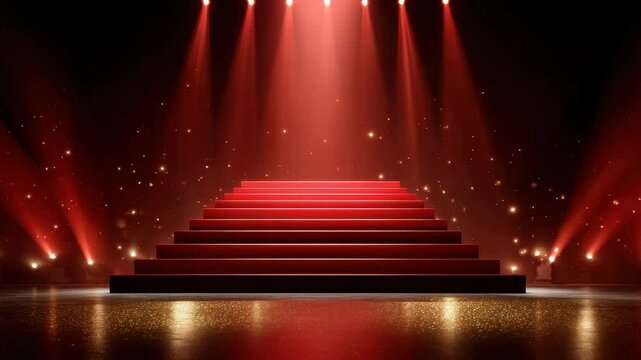 Red carpet stairs and stage illuminated by bright spotlights with sparkling golden particles, creating glamorous and festive atmosphere on dark background for event celebration
