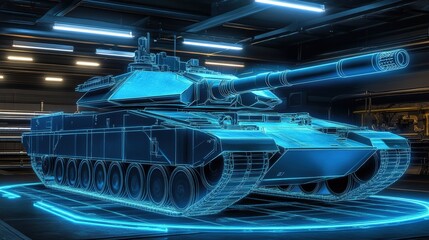 Obraz premium Futuristic Digital Representation of a Battle Tank in a High-Tech Environment Showcasing Advanced Military Technology and Innovative Designs for Modern Warfare Applications