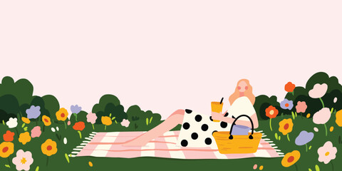 Fototapeta premium A woman enjoys a leisurely picnic amidst a vibrant floral meadow, surrounded by nature, capturing a scene of blissful relaxation.