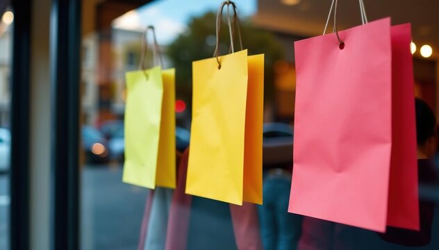Colorful sale clearance signs hanging in a retail store window, showcasing discounted merchandise , limited time, vibrant, colorful