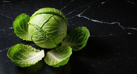 Fototapeta premium Fresh cabbage on black background with copy space. 