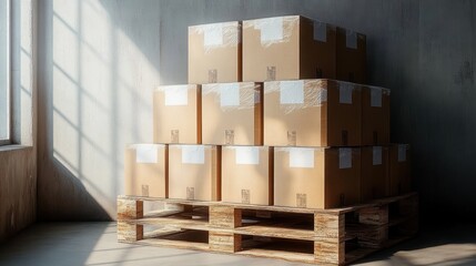 Stack of sealed cardboard boxes arranged in a pyramid on a wooden pallet inside a sunlit warehouse with shadows cast from window panes