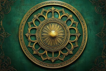 ornate golden circular decorative medallion with floral and leaf patterns on textured green background