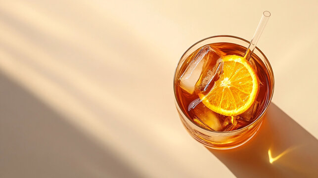 An overhead shot showcases a cocktail with an orange slice, ice, and a glass straw on a neutral background.