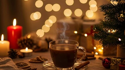 Warm cup of coffee with steam on table during holiday ambiance  