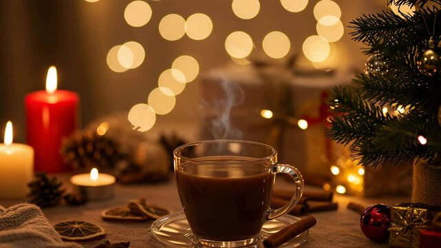 Warm cup of coffee with steam on table during holiday ambiance  
