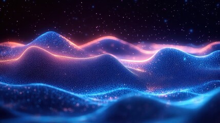 Glowing digital waves with sparkling particles and neon outlines creating a futuristic and dynamic landscape under a starry backdrop
