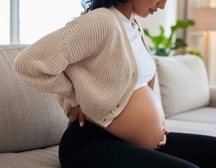 A black pregnant woman sitting on a couch indoors, with one hand on her lower back and the other resting on her bare baby bump