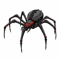 Mechanical spider with a black and red color scheme, and eight legs