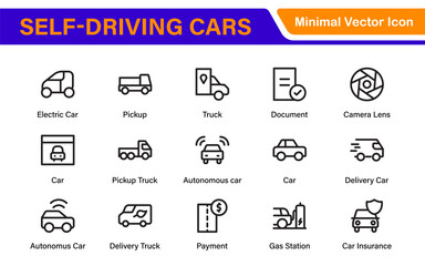 Autonomous Vehicles Self-Driving Car Icons – Minimal Line Vector Illustrations for Smart Transportation, Electric Cars, Future Mobility.